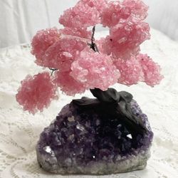 New, Price Firm, Large 15 Pod Rose Quartz Tree on a Amethyst Geode Base  