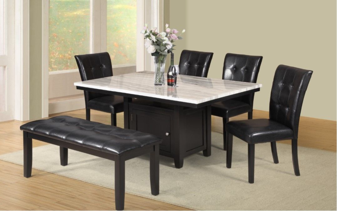 Brand New 6pc Dinning Set White Marble Top Finish & Built In Storage Console
