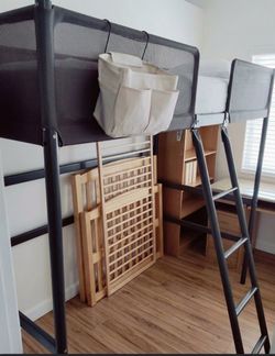 Tuffing Dark Grey Metal Loft Bed with Ladder