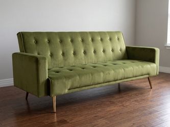 Gorgeous Olive Green Velvet Futon Sofa with Gold Legs