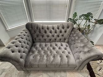 American Signature Grey Velvet Tufted Loveseat - Chesterfield-Style Rolled Arms