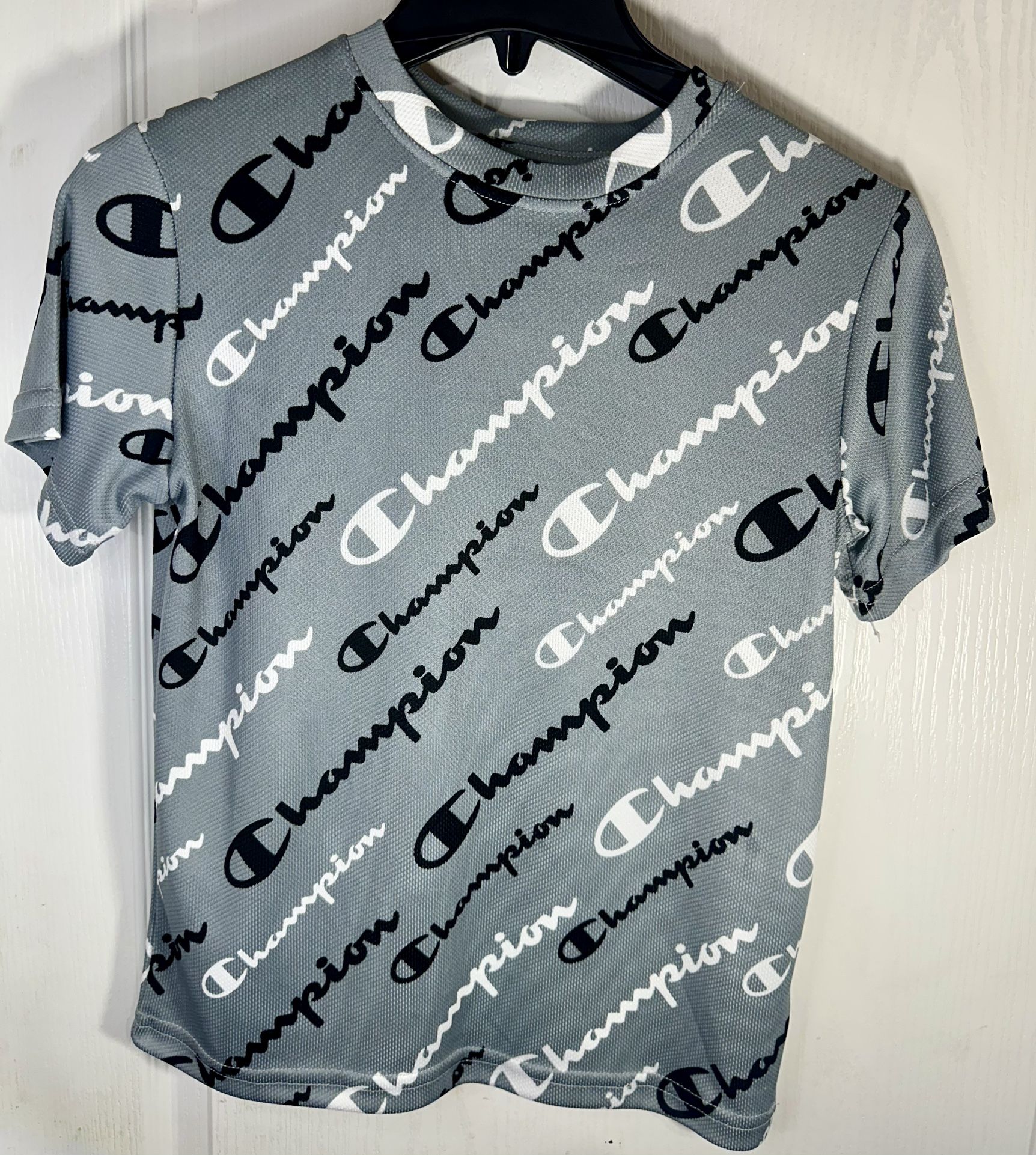 Champion Boys Gray Allover Logo Print T-Shirt Size M Short Sleeve