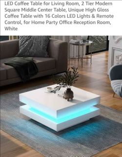 LED Coffee Table for Living Room, 2 Tier Modern Square Middle Center Table, Unique High Gloss Coffee Table with 16 Colors LED Lights & Remote Control,