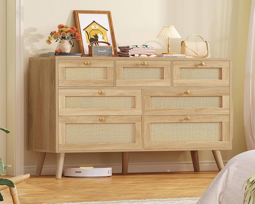 47.2''Wide 7 Drawer Rattan Dresser, Boho Dresser for Bedroom, Chest of Drawers, Closet Organizer, Natural Wood Dressers Chest for Bedroom,