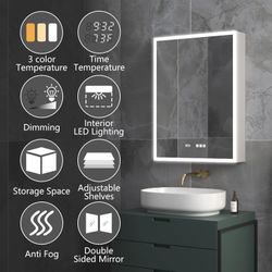 ExBrite Lighted Medicine Cabinet 24 x 32 Inch,Recessed or Surface led Medicine Cabinet, Clock&Room Temper Display,Defog,Dimming,3-Color Temper Change,
