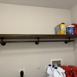 Laundry Room Wood Shelf Industrial Organizer With Iron Rods Rustic Home Decor 