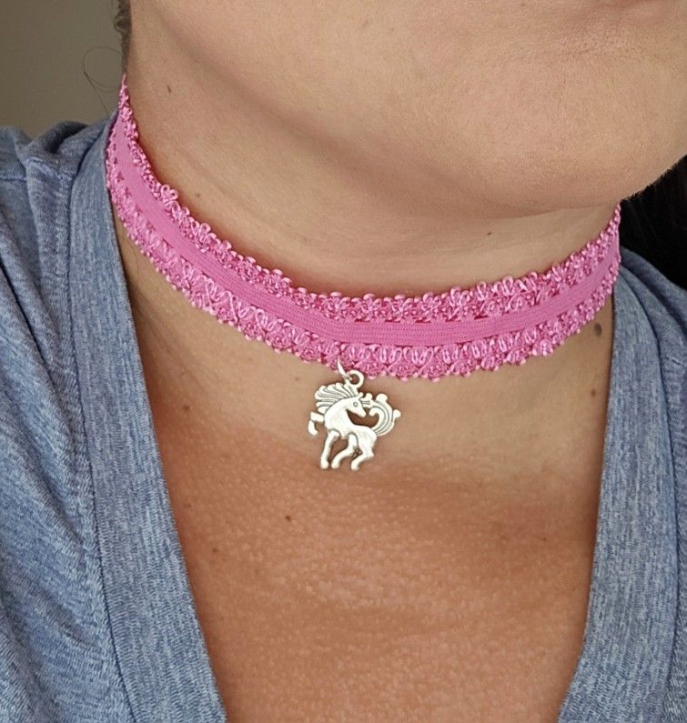 Plus Size Handmade Pink Elastic Lace Choker Necklace Mystical Horse Charm