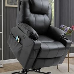 Power Lift Recliner Chair black leather W/Massage for Elderly Ergonomic, Recliner with 2-Cup Holder