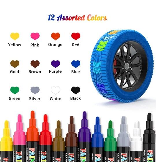 Paint Markers Pens, 12 Colors Oil-Based Waterproof Fancy Paint Markers, Quick Dry Permanent Push Markers Set for Tire, Rock, Wood, Fabric, Plastic Ect