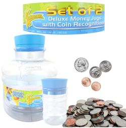 Zillions Summit Electronic Coin Counting Money Bank - Set of 2 BLUE Plastic Jugs
