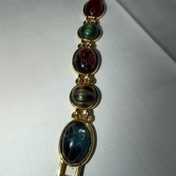 Vintage Joan Rivers Textured Gold Tone Multi-color Cabochon Link Bracelet