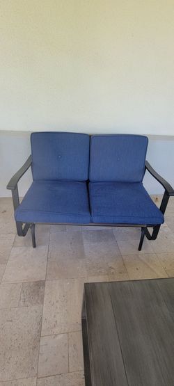 Outdoor Glider Patio Loveseat with Blue Cushions