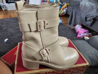 Cream Leather Moto Boots with Buckle Straps