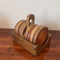 Vintage Wood & Rope Coaster Set