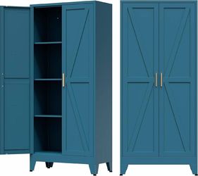 2591a $70 Home Farmhouse Storage Cabinet with 2 Barn Door, 61" H Metal Cabinet Tall Kitchen Pantry Cupboard with 3 Adjustable Shelves, for Dining Roo