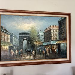 Vintage Framed  Oil Painting The Street of Arc de Triomphe
