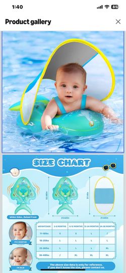 No Flip Over Baby Pool Float with Canopy UPF50+ Sun Protection, Inflatable Baby Float with Sponge Safety Support Bottom, Fun Gifts Water Toys Accessor