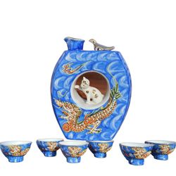 💕Vintage Japan KUTANI Cat & Chirping Bird SAKE Decanter & Cup SET 7 pcs. (New, Never Been Used) 💕