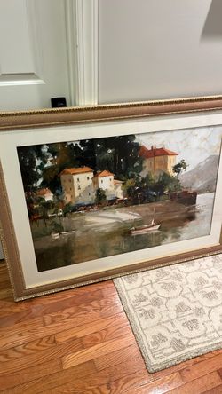 Large framed art print 53x38 boat river scene