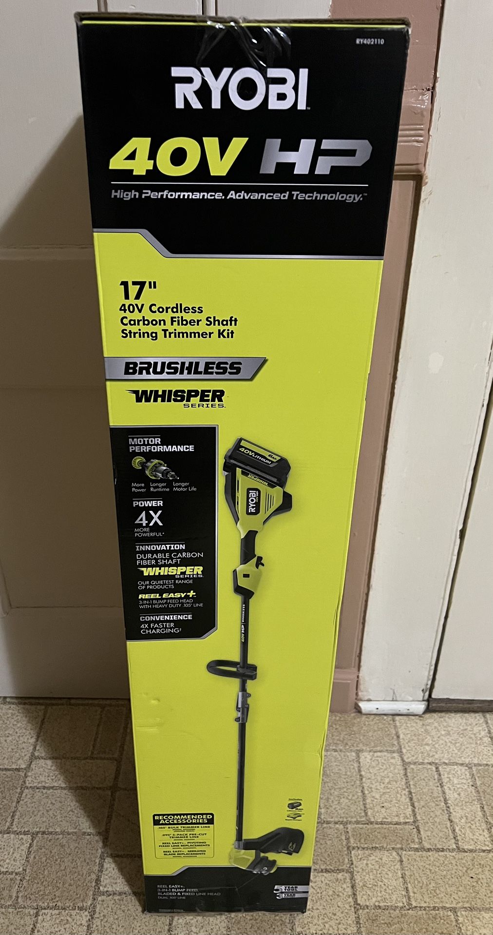 Ryobi 40V HP Brushless Whisper Series 17 in. Cordless Battery Carbon Fiber Shaft String Trimmer w/ 6.0 Ah Battery & Charger