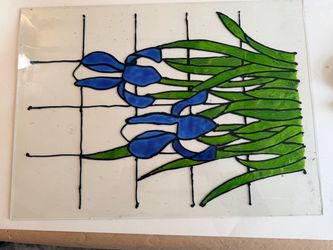 Hand-Painted Glass Iris Floral Art Panel – $20