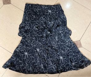 Ralph Lauren Vintage 90s Tiered Ruffle Midi Skirt Black White Floral Medium Silk