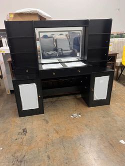 Big Vanity, Modern Wood Makeup Vanity Desk with Mirror LED Lights, Large Vanity Dressing Table,with Charging Station (Black, 62" Width)