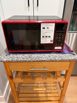 Red Microwave + Wooden Rolling Kitchen Cart – Great Condition