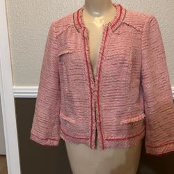 White House Black Market LS Pink Tweed Blazer Jacket Womens Size 12