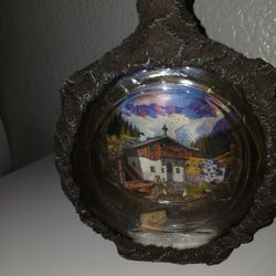 Vintage Flat Glass Round Wood Encased Decanter With Snow Capped Mountain Scene 