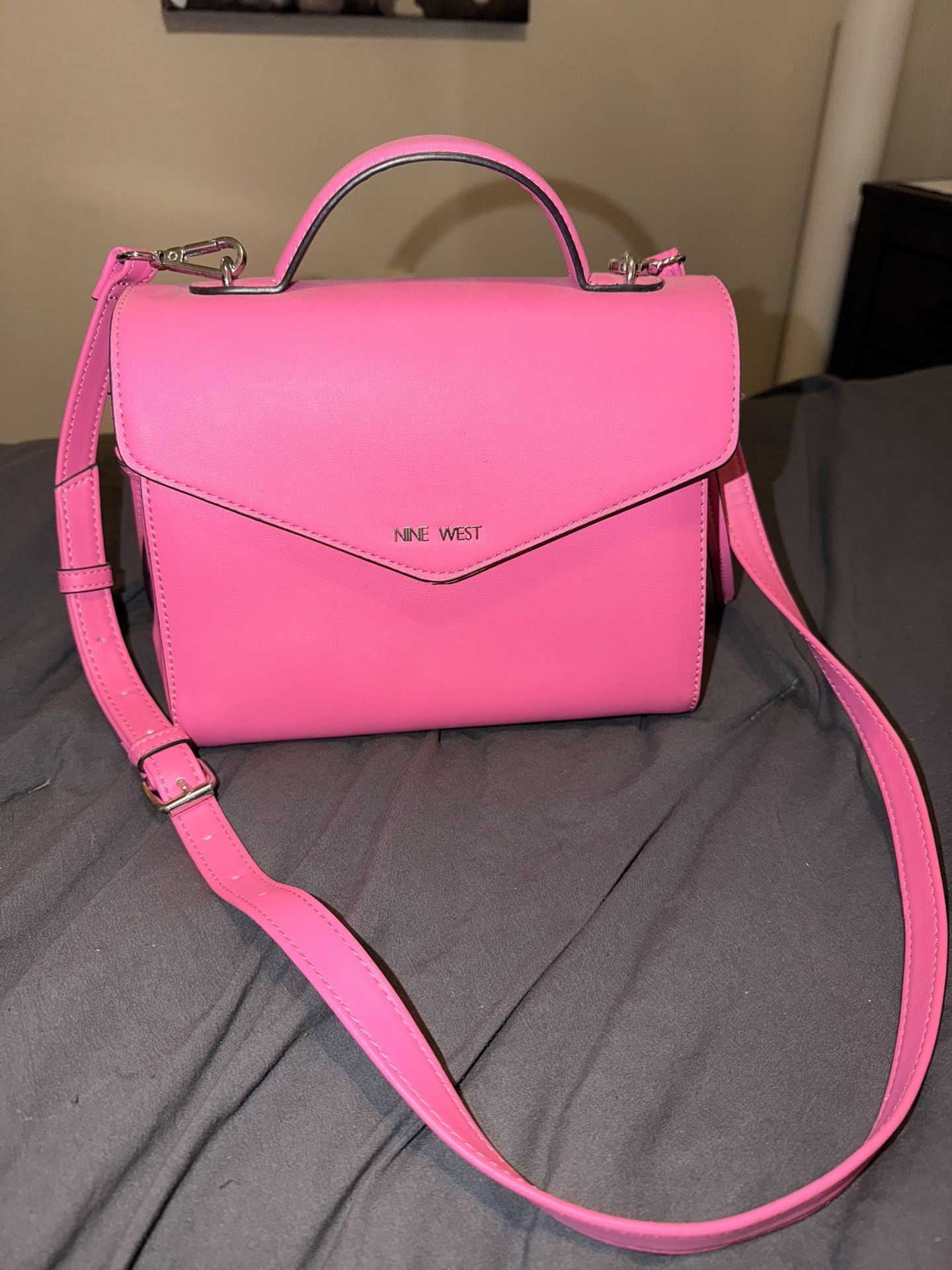 Nine West Pink Satchel Silver Hardware Stitching Magnetic Adjustable Strap