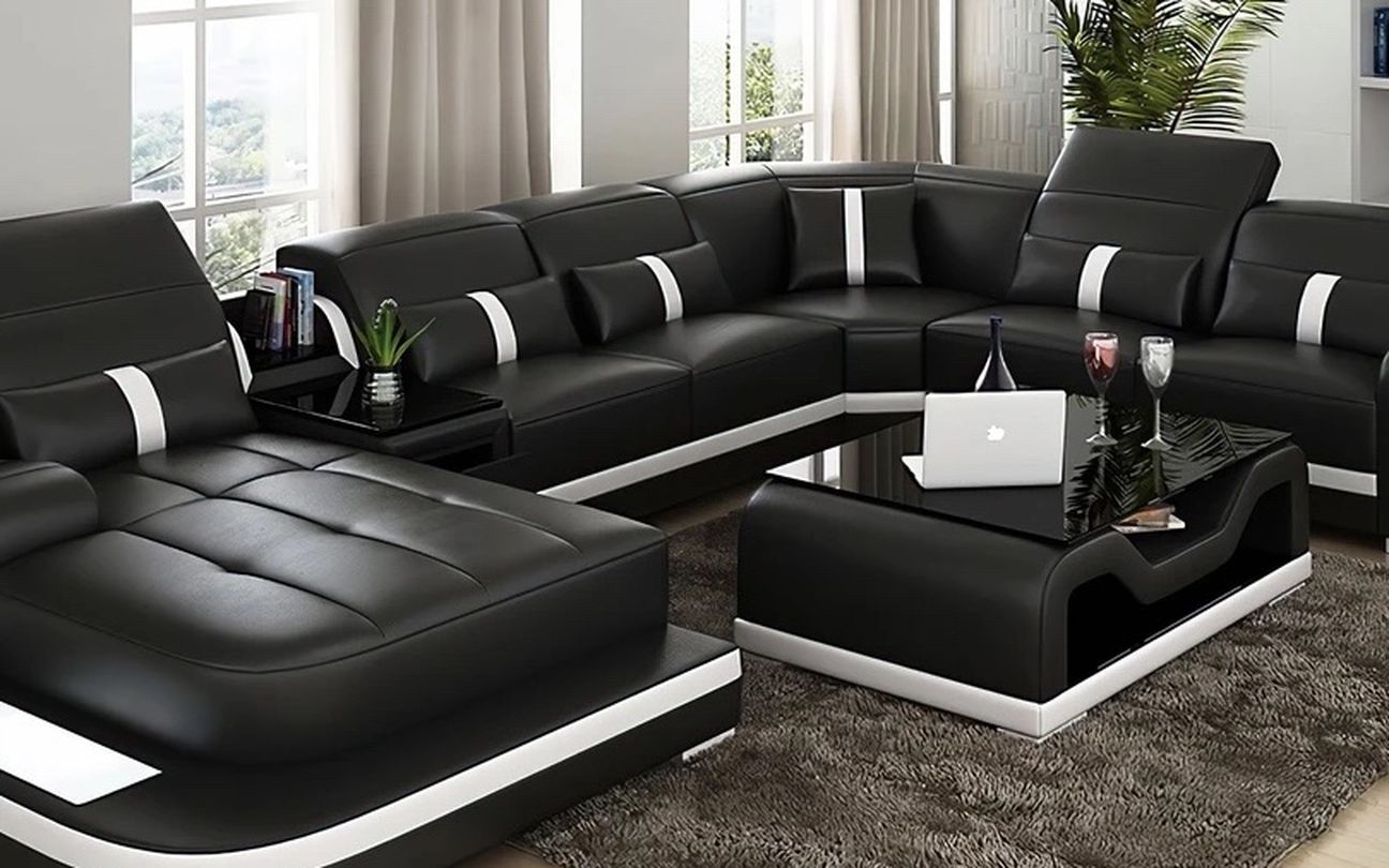 Sydney White & Black Large Leather Sectional Left Arm Facing Chaise with Coffee Table