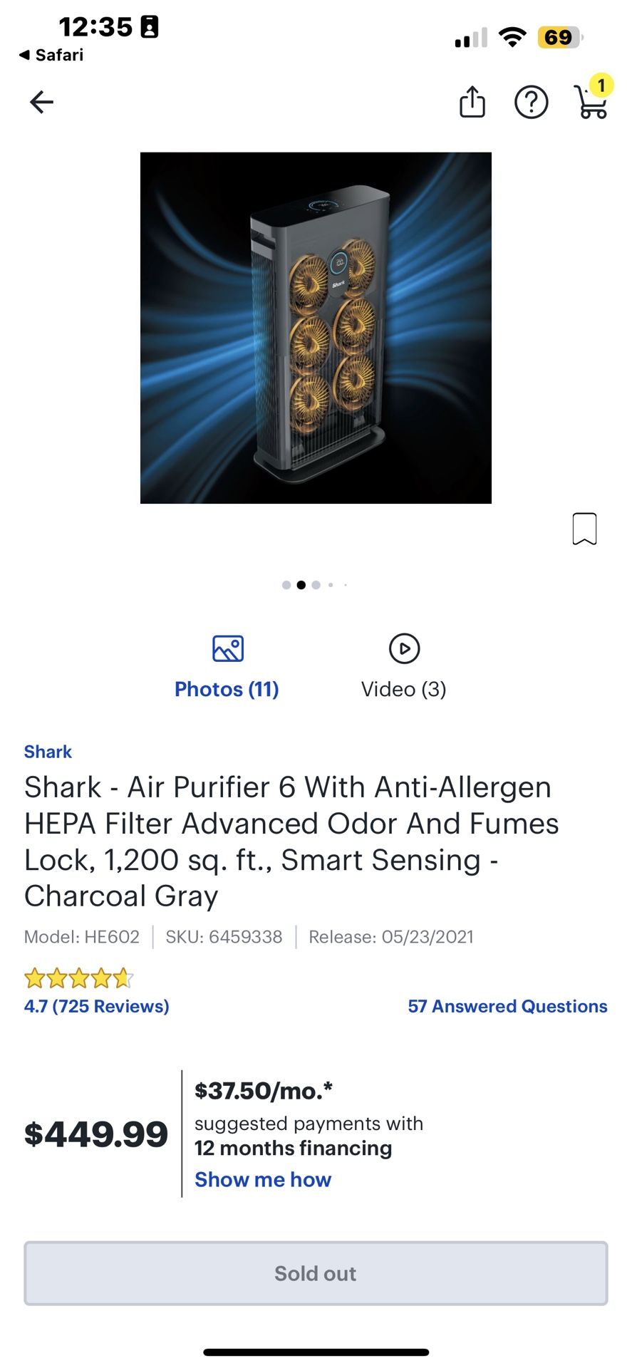 Shark Air Purifier 6 W/ Anti allergen Hepa Filter - HE602