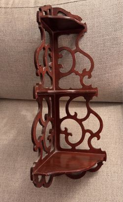 Vintage Wooden Corner Wall Shelf 3 Tier Scrollwork Fretwork Mahogany Decor 25"