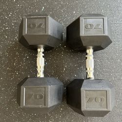 Pair of 70lb Rubber Hex Dumbbells