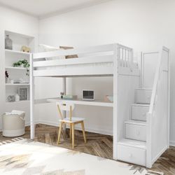 White Wooden Loft Bed with Stairs and Storage – Solid & Space-Saving
