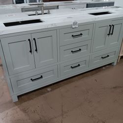 72inch Bathroom Vanity Light Grey With Quartz Top And Sinks Included