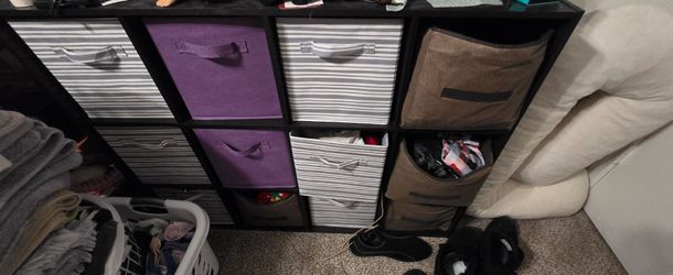 Black Cube Storage Shelf with Fabric Bins
