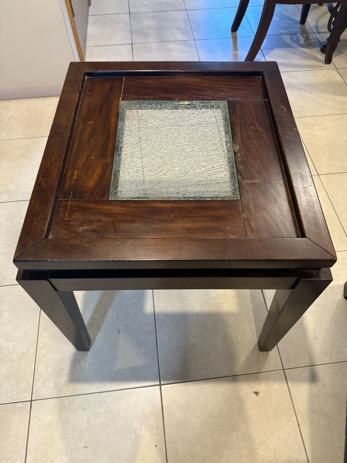 German Wooden End Table With Cracked Glass Center Design