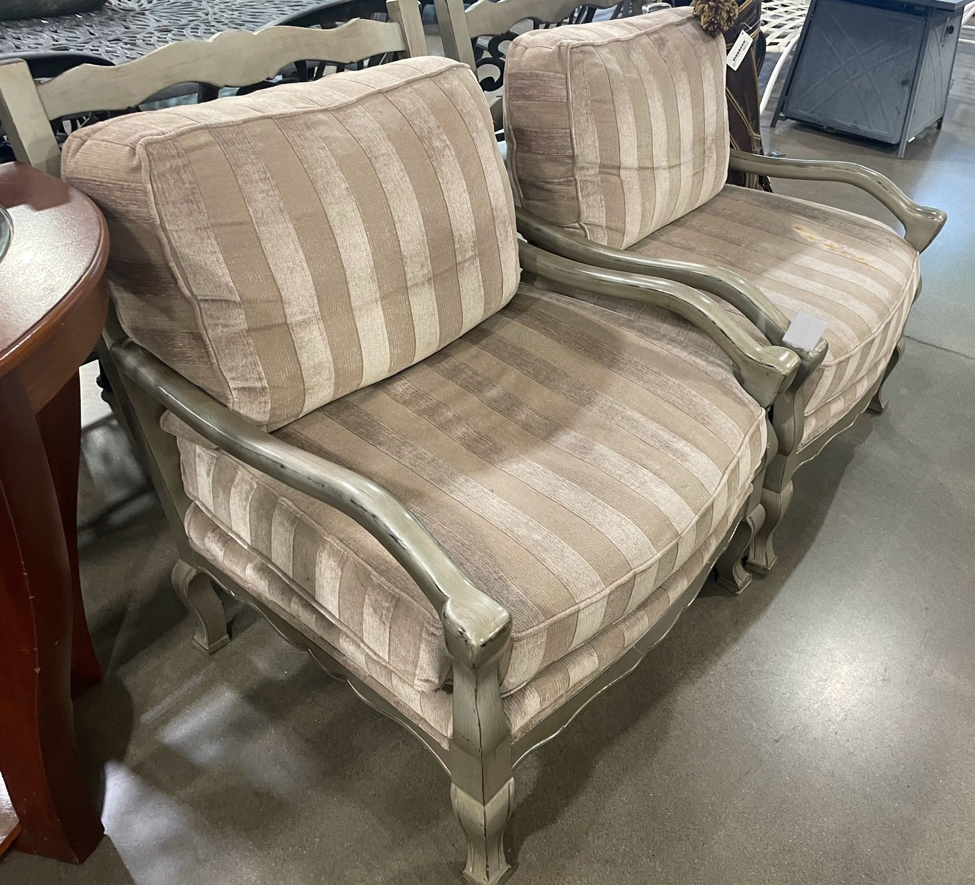 Gorgeous Pair of Oversized Drexel Heritage French Provincial Distressed Silver Wooden Accent Chairs