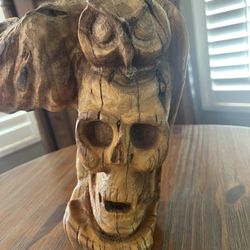 Unique Owl And Skull Carved Candle Holder 