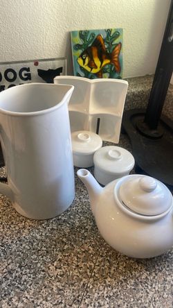 White Ceramic Tea Set with Pitcher and Tray