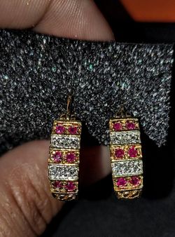 Vintage Ross-Simons 925 Sterling Silver Gold Vermeil Ruby & Diamond Hoop Earrings