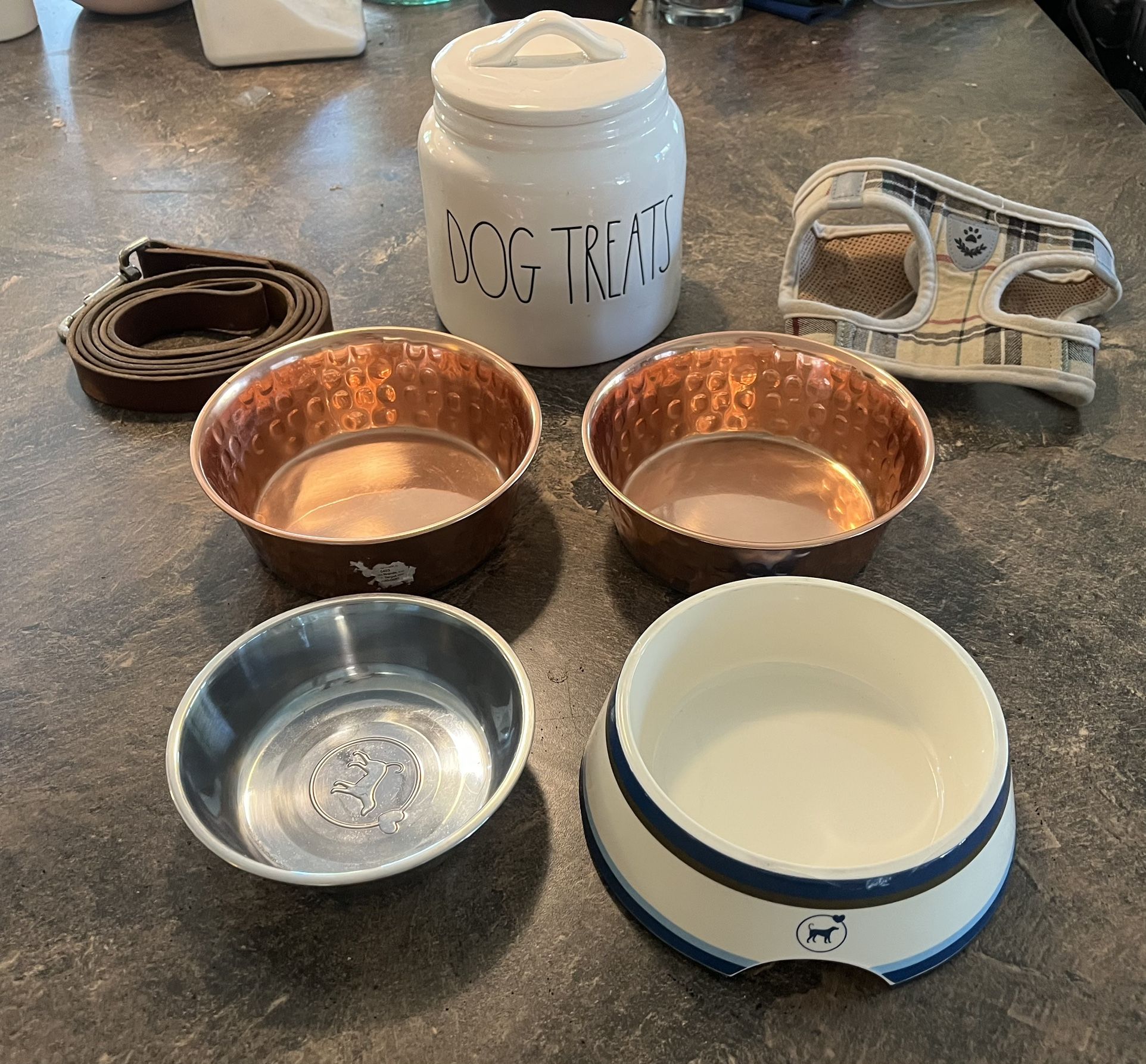 Dog Accessories Set ( bowls, treat jar, leash, harness)