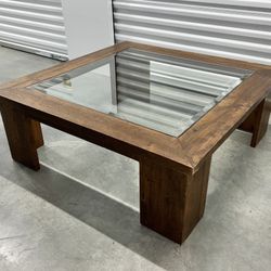 Vintage Mid Century Square Glass Wood Coffee Table 