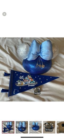 Disneyland 60th Anniversary ears, pin, and pendant