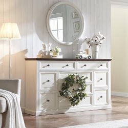 Farmhouse 9 Drawer Dresser. This 55.1in Wide  rustic wood chest offers ample storage with a charming design, perfect for bedroom or living room decor.
