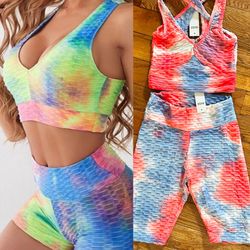 Buzz Women's Butt Lifting Yoga Short & Textured Yoga Tie-Dye Bra Sports Set m