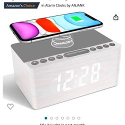 ANJANK Wooden Digital Alarm Clock FM Radio,10W Fast Wireless Charger Station for iPhone/Samsung