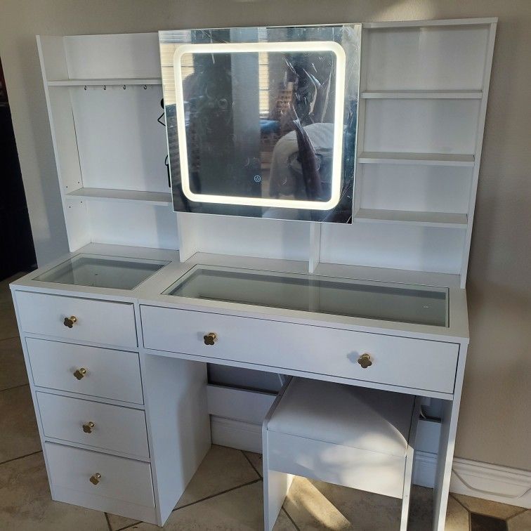 White Desk Vanity With Lights, Shelves, Jewelry Hooks Seat